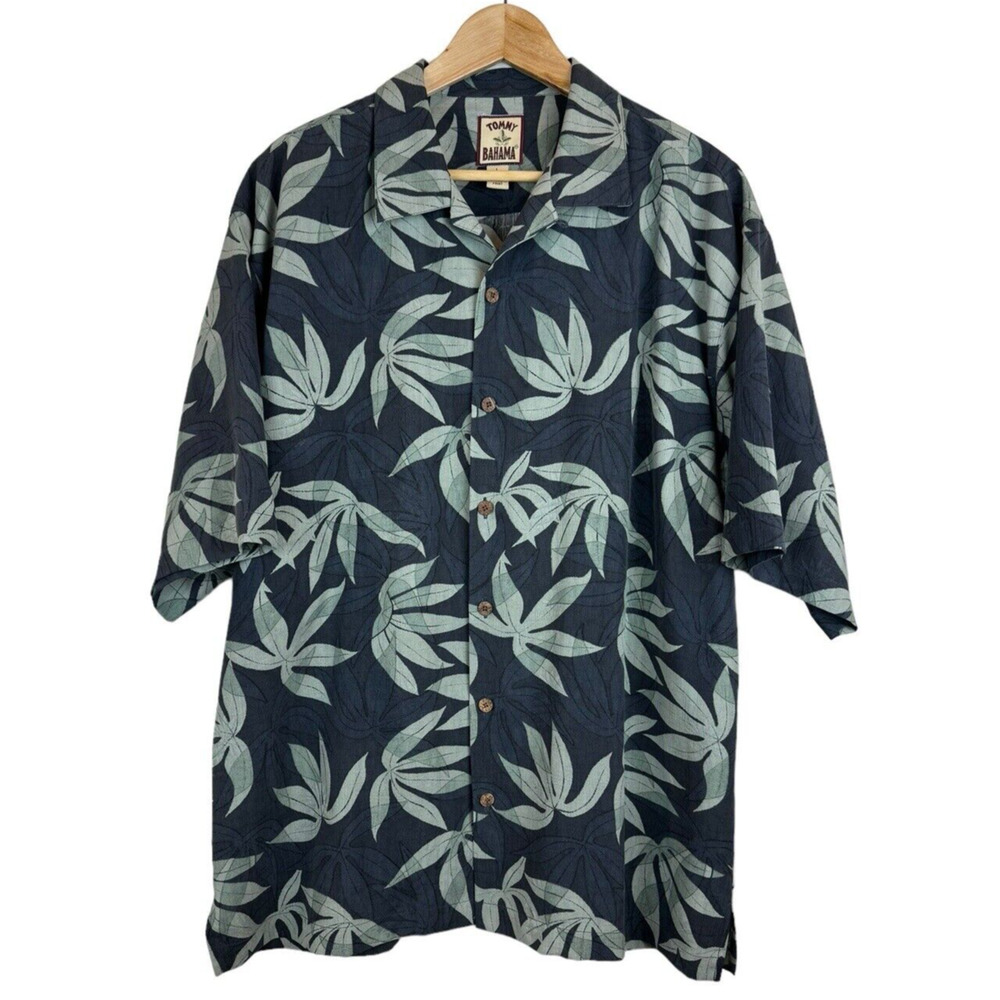 Tommy‎ Bahama Hawaiian Shirt Men's L Black Green Coconut Button Up Floral Silk